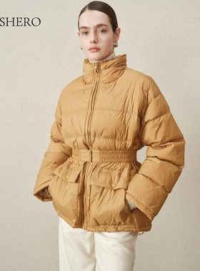 LE.SHERO原创设计简约风中款系腰带立领拉链鸭绒羽绒服