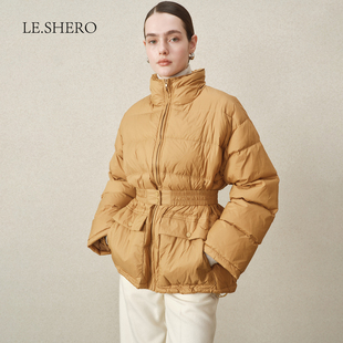LE.SHERO原创设计简约风中款 系腰带立领拉链鸭绒羽绒服