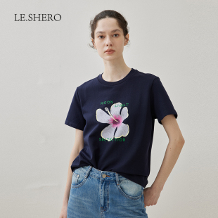 LE.SHERO百搭休闲圆领印花绣花短袖 设计感上衣 T恤女夏季 新款