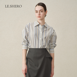 LE.SHERO原创设计宽松简约百搭撞色竖条纹长衬衫 休闲上衣