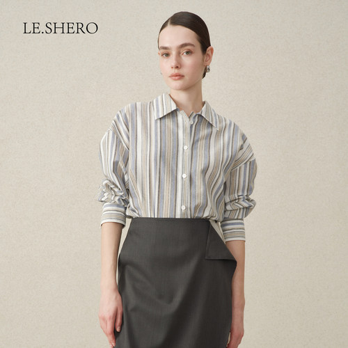 LE.SHERO原创设计宽松简约百搭撞色竖条纹长衬衫休闲上衣