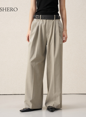 LE.SHERO原创设计配腰带打褶西装长裤显瘦肌理感休闲裤