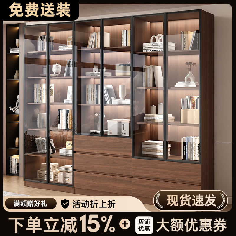 书柜组合储物柜一体家用客厅靠墙展示柜置物架带玻璃门整墙落地柜