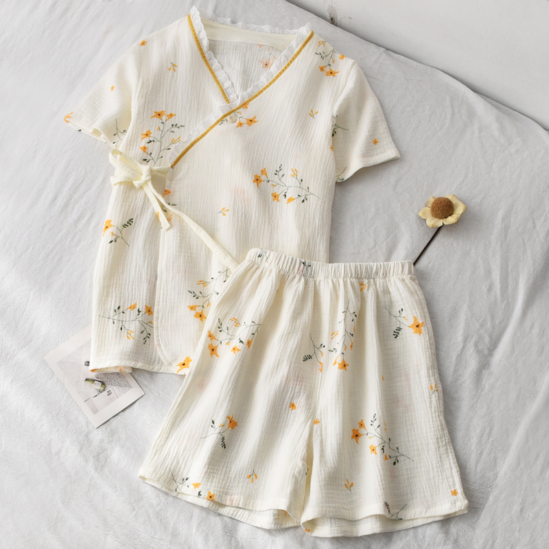日式和服睡衣女j水洗纱布春秋夏季短袖短裤蕾丝花边汗蒸家居服