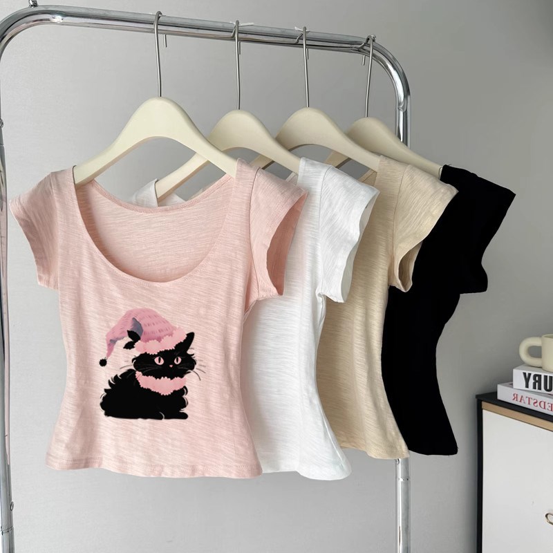 小个子短款大领口正肩短r袖t恤女夏修身半袖竹节棉上衣内搭打底衫