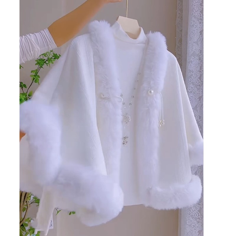 小斗篷披肩外套女l秋冬短款纯色加绒加厚獭兔毛领无袖旗袍婚纱外