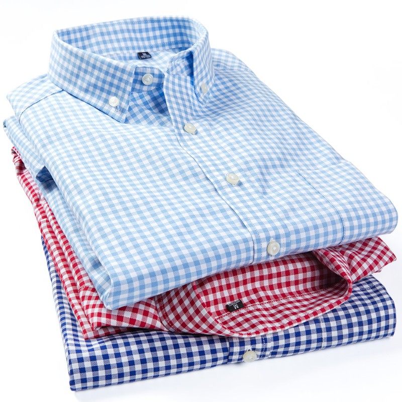 纯棉红色小格子衬衫男秋季休闲全C棉宽松经典格纹韩版长袖衬衣潮