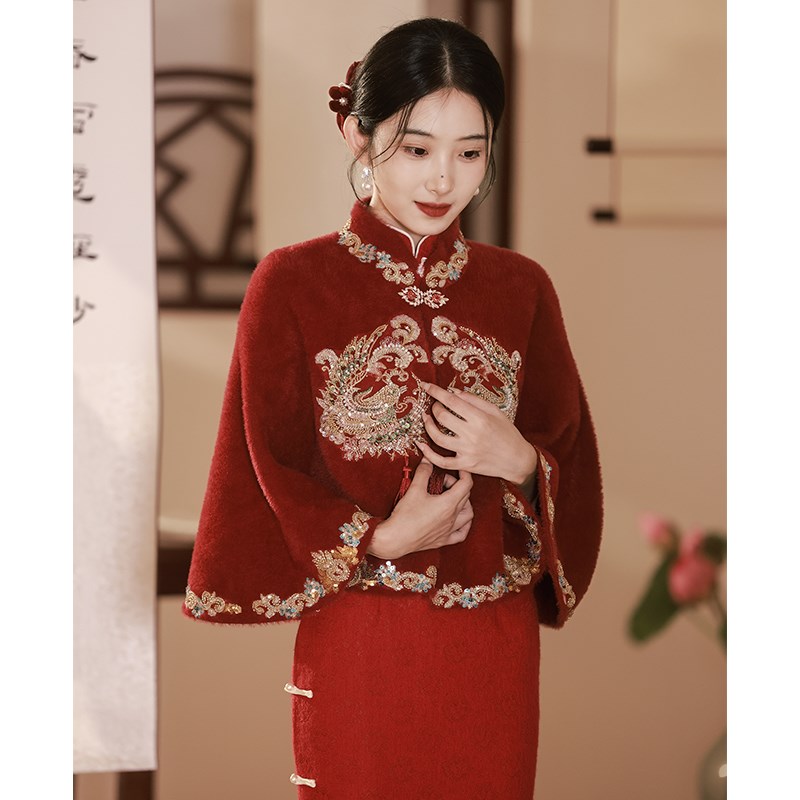 新娘结婚旗袍毛披肩冬p季婚礼外搭复古斗篷红色敬酒服披风春秋外