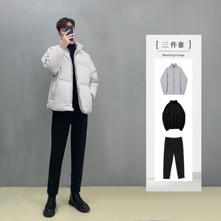 加厚搭配棉衣潮搭一整 港风棉服套装 男士 三件套冬季 穿y搭外套男装