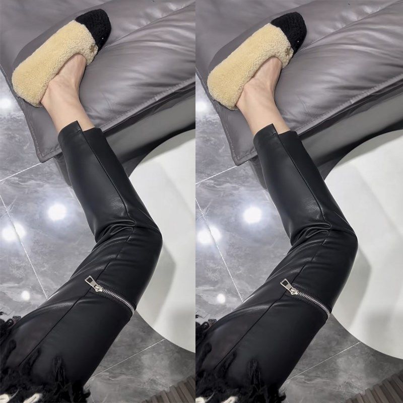 秋冬加绒pu皮裤女松紧腰弹力x显瘦不规则裤脚九分裤拉链直筒铅笔