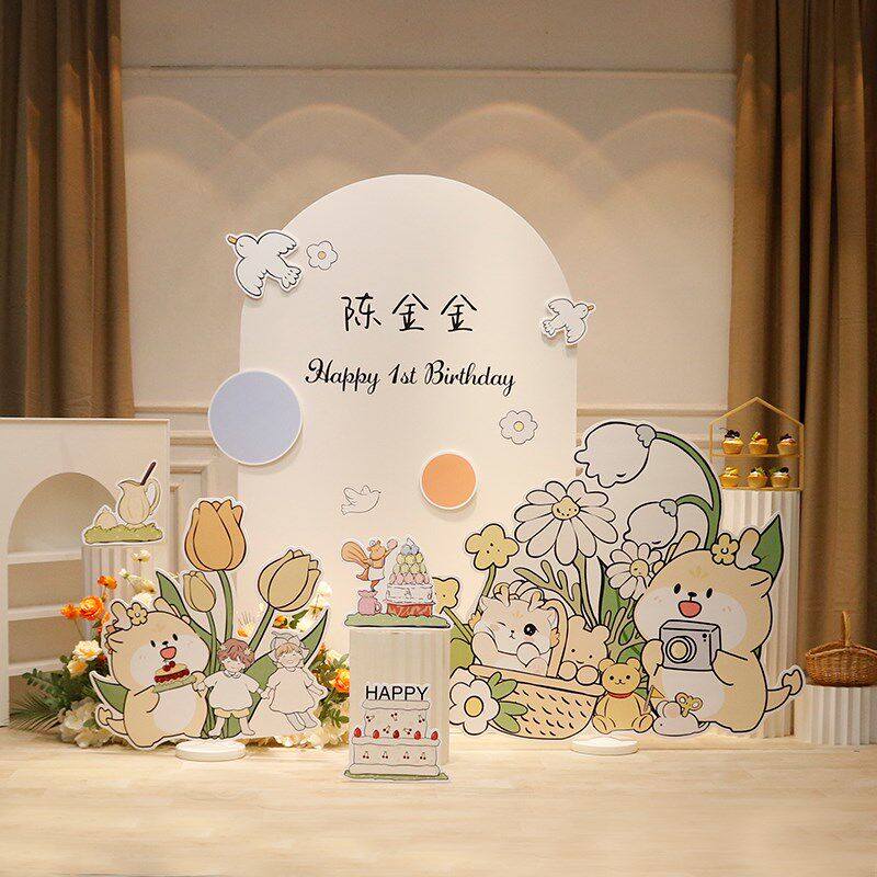 龙宝宝周岁百天韩系简约郁金香宝宝宴满月生日kt板布Y置装饰气球