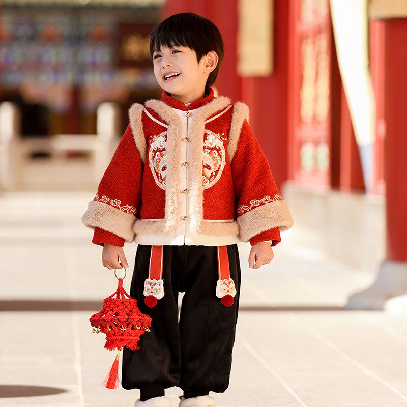 汉服男童冬装宝宝中国风红色套装男孩F古装儿童过年喜庆拜年服唐