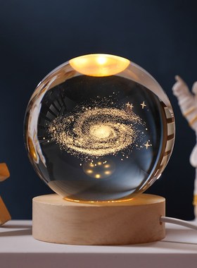 发光水晶球桌e面摆件创意太阳系月球玻璃球装饰小夜灯新年生日礼