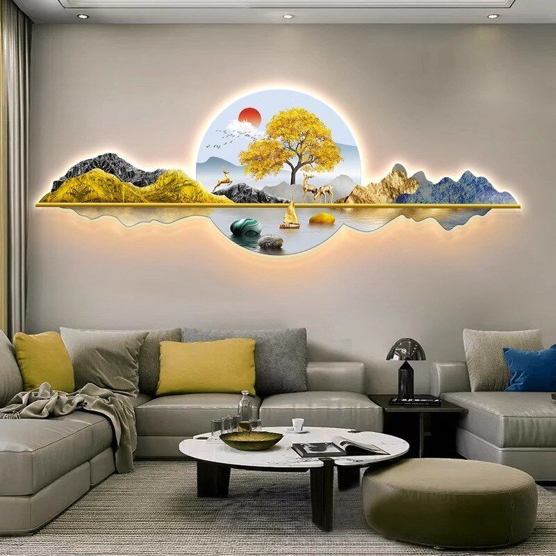 带灯山水画客厅挂画轻奢灯t光画沙发背景墙装饰画2024新款LED壁灯