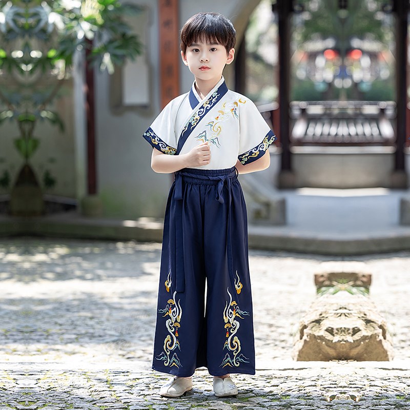 汉服男童短袖夏季薄款男孩古装侠客帅气宋制儿童唐V装国风小童演