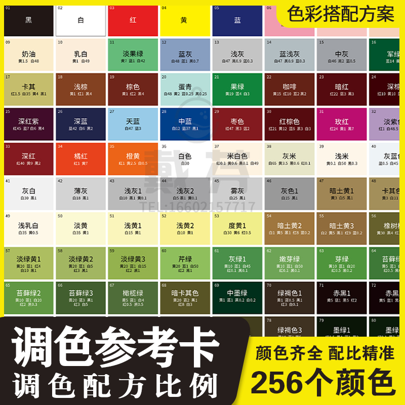 调色卡配方比例家具维修皮衣具革色粉油漆色浆N膏实物256调色配比
