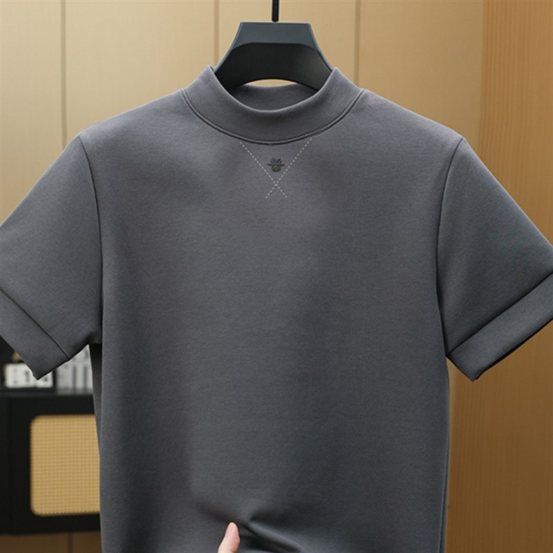 曼巴棉短b袖男t恤半高领纯色打底衫2024秋冬男装中领内搭休闲上衣