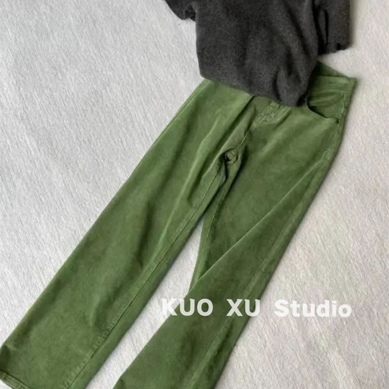 早秋初春穿搭一整l套半高领针织衫短袖上衣覆古绿色灯芯绒裤套装