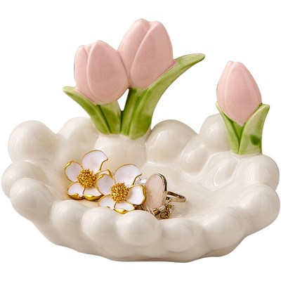 奶油风郁金香入户进门玄关钥匙收纳摆件桌面O置物架托盘首饰装饰