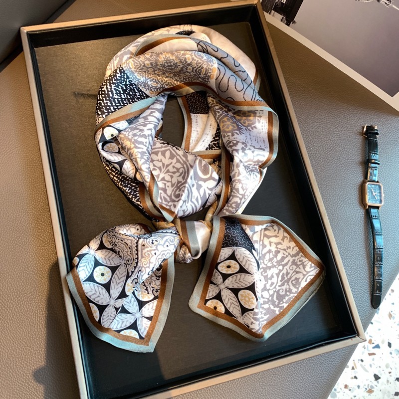 杭州丝绸春秋季装饰百搭领巾w印花真丝围巾飘带桑蚕丝长条小丝巾