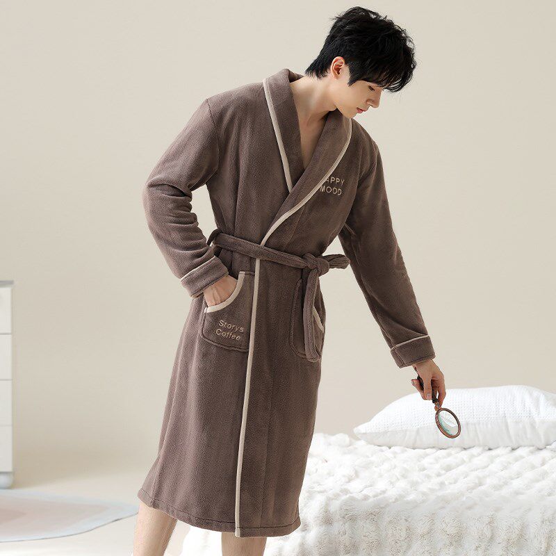 睡袍男士睡衣冬季珊瑚绒加厚加绒男款秋冬法兰绒T长款浴袍冬款浴