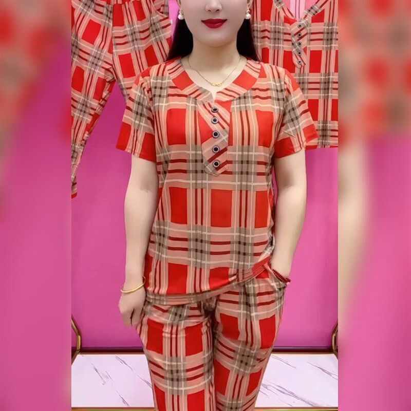 夏季新款剪刀领大格子l休闲 时尚洋派百搭女士宽松短袖W套装M
