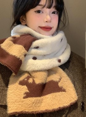 卡通小狗双面波点毛绒围巾女202C4秋冬季韩系学生百搭保暖护颈围