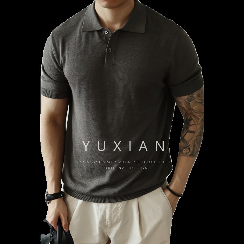 YUXIAN竹节i棉细腻高密精梳棉POLO复古休闲商务针织翻领短袖T恤男