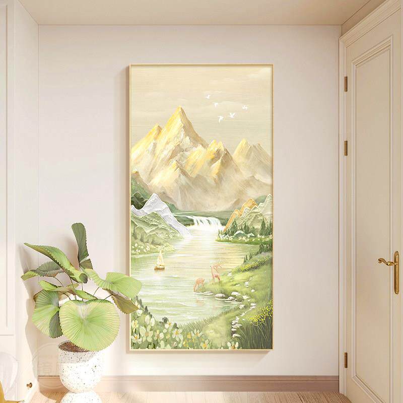 聚宝盆山水画玄关装饰画原木风入户走廊过道挂画竖版日照金山壁画