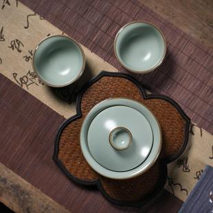 家用手工冰裂纹陶瓷三才盖碗茶杯泡茶壶复古整套 汝窑功夫茶具套装