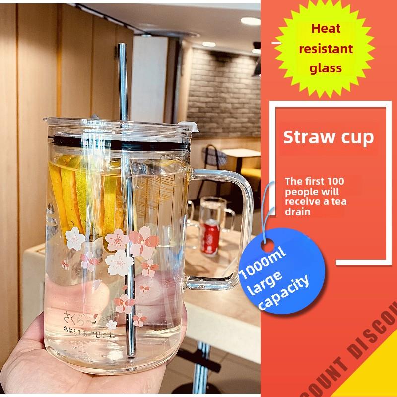 大容量水杯大容量水杯玻璃1000ml刻度吸管杯带柄耐热杯办公用女茶