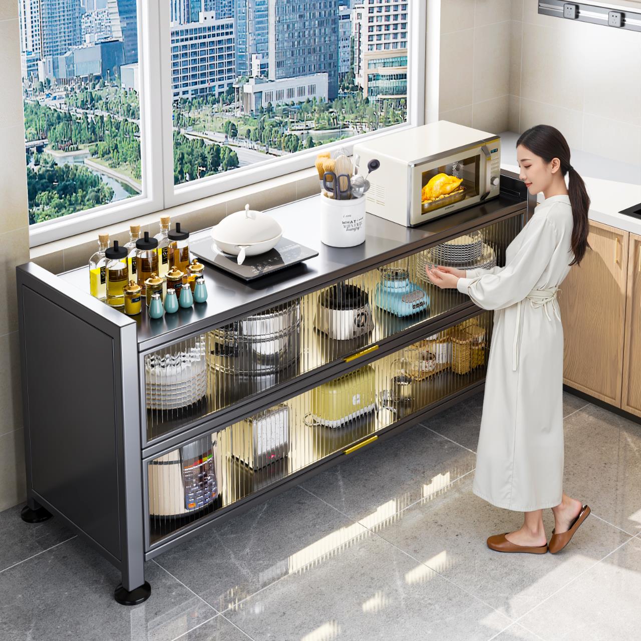 厨房碗碟收纳层架家用一体大容量碗架置物架防尘密封带门碗盘柜收