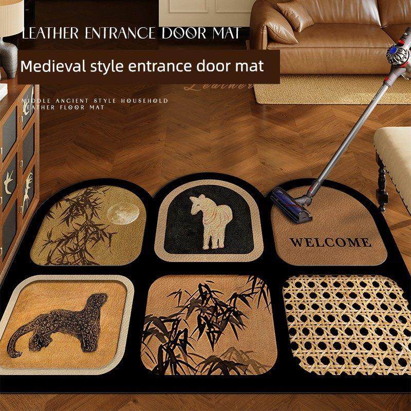 中古风进门地垫入户门门垫2025新款家用皮革脚垫防滑地毯可裁剪