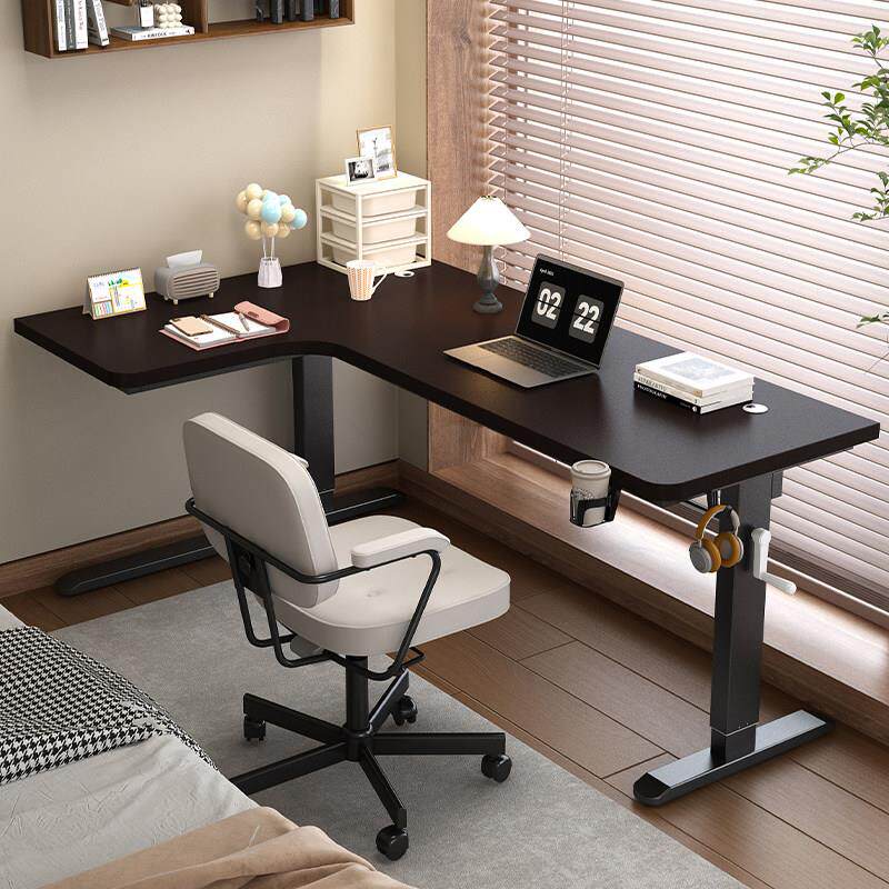 升降转角电脑桌台式电竞桌卧室实木书桌手摇调节游戏桌简约办公桌