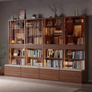实木卡座书柜一体整墙带玻璃门置物柜去客厅化自由组合书橱展示柜