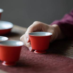 珊瑚红手绘双线陶瓷茶杯带杯垫家用主人杯套组功夫茶具品茗杯单杯