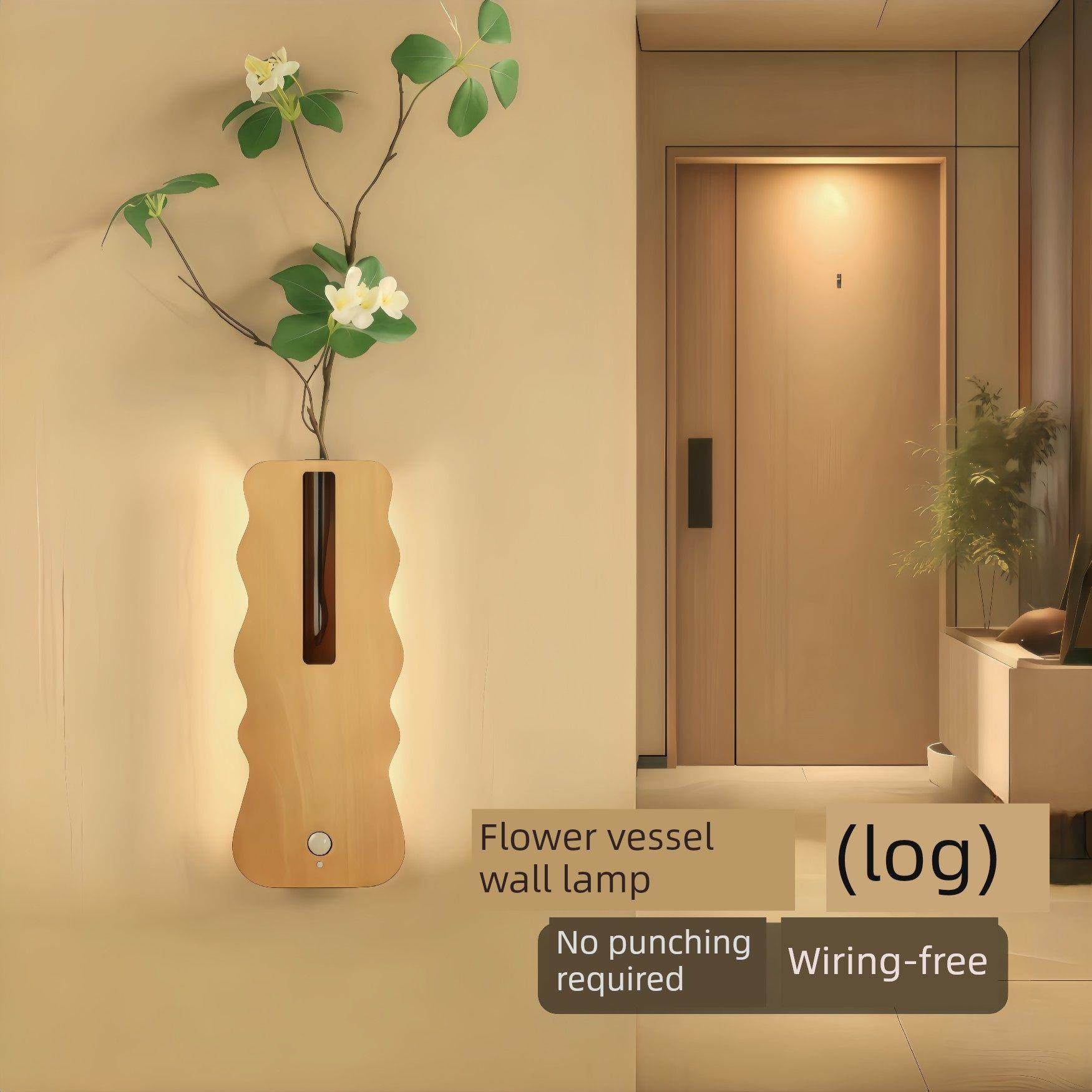 三色花器传感器壁灯新原木创意装饰灯免接线磁充电夜灯实木插花