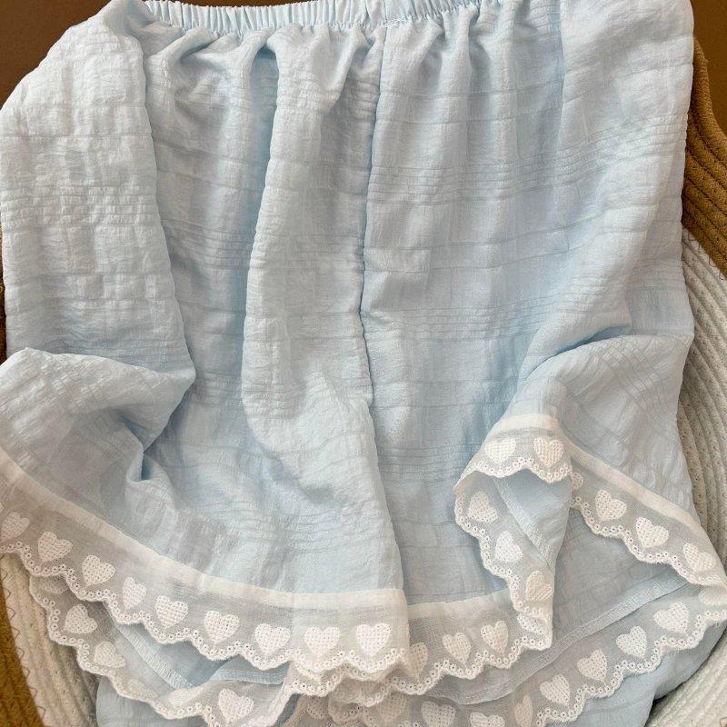 甜美蝴蝶结睡衣女士带胸垫夏季蓝色短袖蕾丝花边家居服套装可外穿