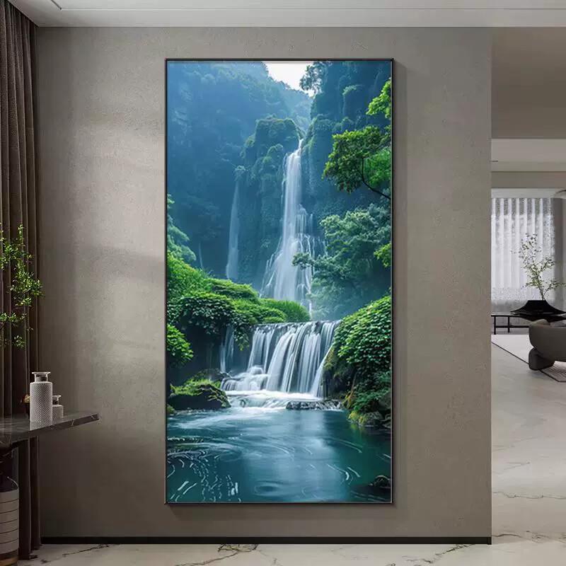 道过挂画正对门玄关山水画流水生财装饰画源远流长走廊入户风景画