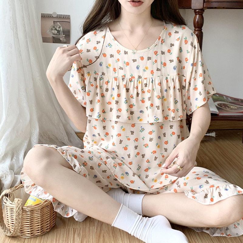 防凸点睡衣女童夏季薄款棉绸女士短袖绵绸家居服中大儿童女孩套装