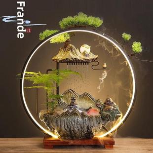 弗兰德陶瓷新中国风高端财富客厅办公室桌面假山循环水摆件铁艺