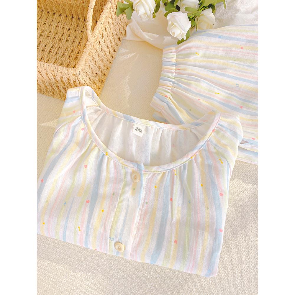 夏季新款纯棉睡衣女薄款透气短袖长裤宽松大码双层纱布家居服套装