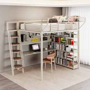 上铺悬空床收纳床二楼卧室高架床民宿新款书架小户型极简家用铁床