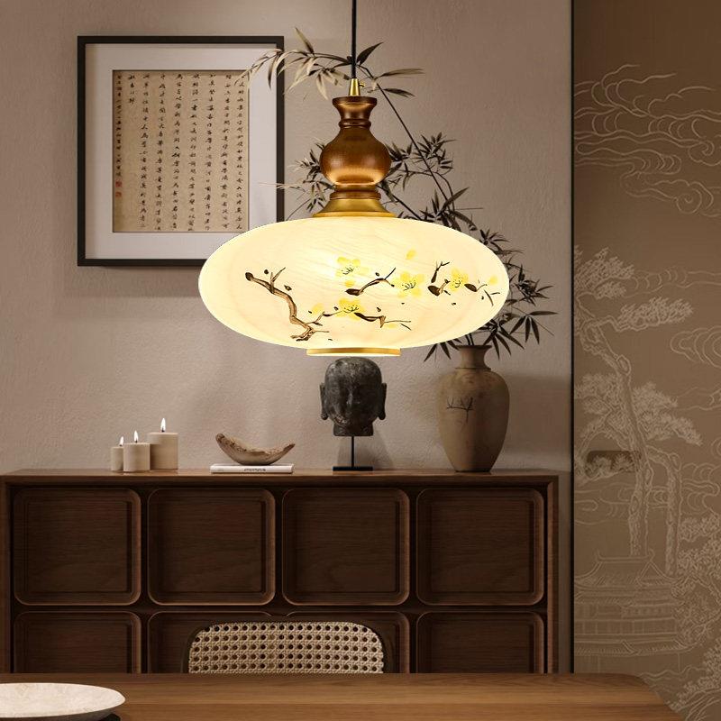 中式全铜复古梅花吊灯餐厅卧室床头灯胡桃木色玻璃灯罩护眼吊灯具