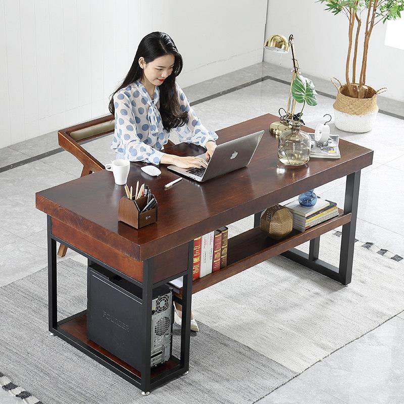 实木电脑桌带抽屉主机托一体桌子家用台式书桌卧室松木办公桌