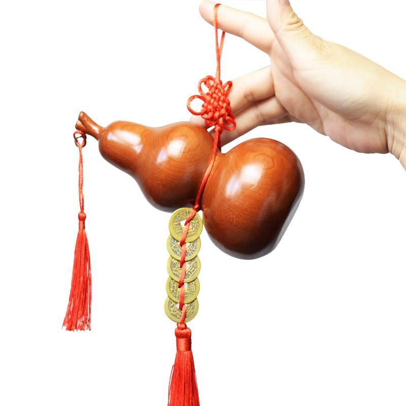 桃木葫芦摆件五帝钱挂件家居饰品大号摆设客厅木雕