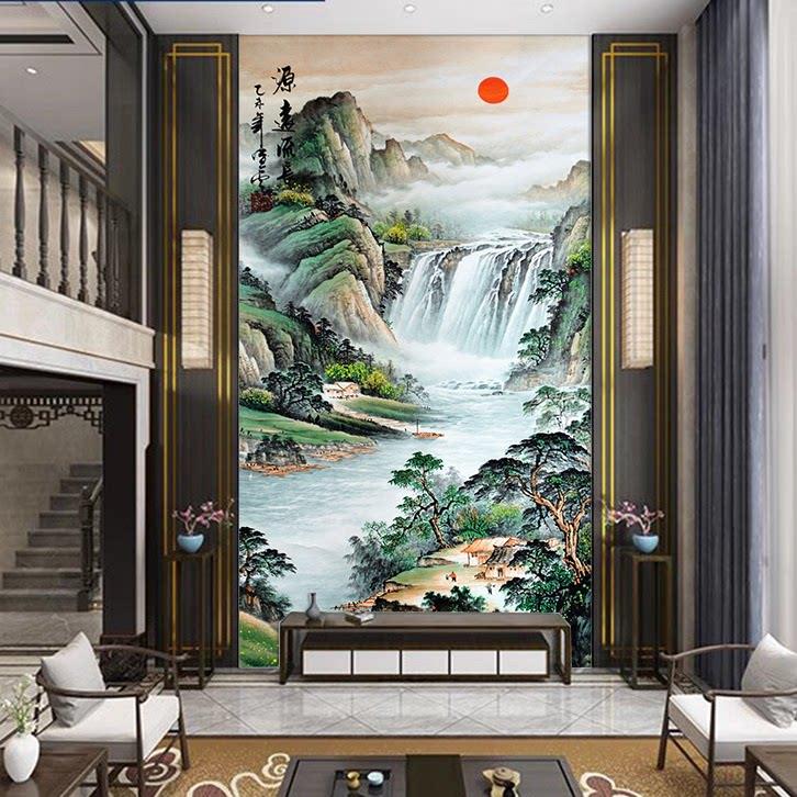 3d立体别墅挑高壁纸自粘走廊过道山水背景墙贴画进门玄关竖图壁布