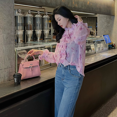 衬衣外套女上衣小香风喇叭袖花边