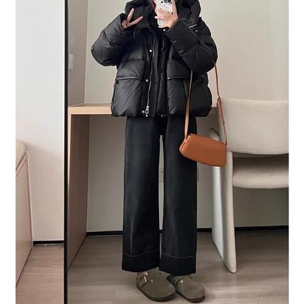 黑色窄版直筒牛仔裤女秋冬加绒加厚大码胖mm显瘦小个子卷边阔腿裤