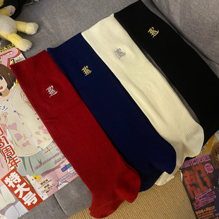 茶茶家原创jk刺绣小腿袜学院风制服袜女春夏秋校供感不过膝半筒袜